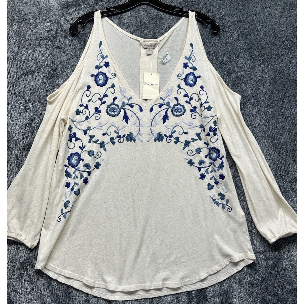 Lucky Brand Womens Size L Beige Cold Shoulder Sleeve Embroidered Top (L7)